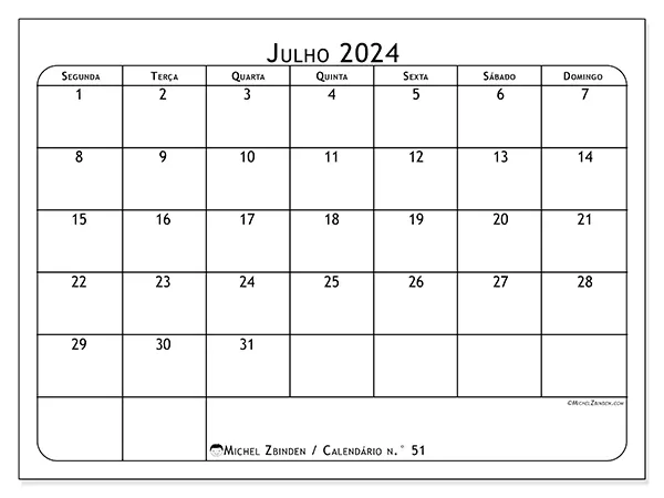 Calendário n.° 51 para julho de 2024, que pode ser impresso gratuitamente. Semana:  Segunda-feira a domingo.