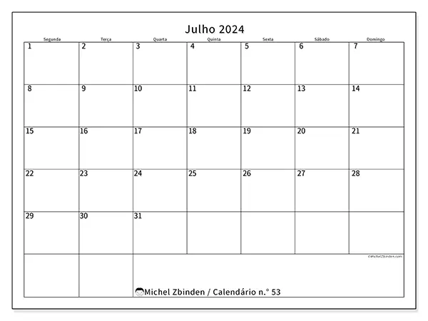 Calendário n.° 53 para julho de 2024, que pode ser impresso gratuitamente. Semana:  Segunda-feira a domingo.