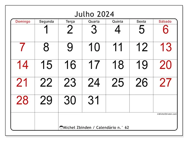 Calendário n.° 62 para julho de 2024, que pode ser impresso gratuitamente. Semana:  De domingo a sábado.