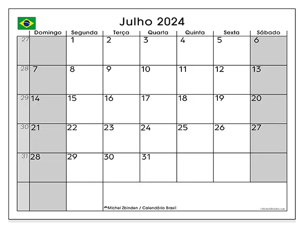 Calendário Brasil para julho de 2024, que pode ser impresso gratuitamente. Semana:  De domingo a sábado.