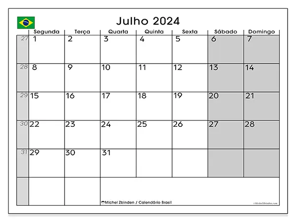 Calendário Brasil para julho de 2024, que pode ser impresso gratuitamente. Semana:  Segunda-feira a domingo.