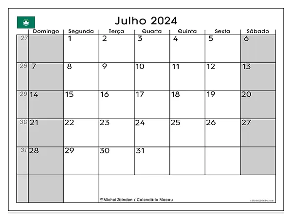Calendário Macau para julho de 2024, que pode ser impresso gratuitamente. Semana:  De domingo a sábado.