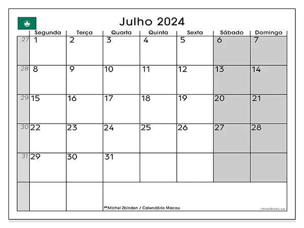 Calendário Macau para julho de 2024, que pode ser impresso gratuitamente. Semana:  Segunda-feira a domingo.
