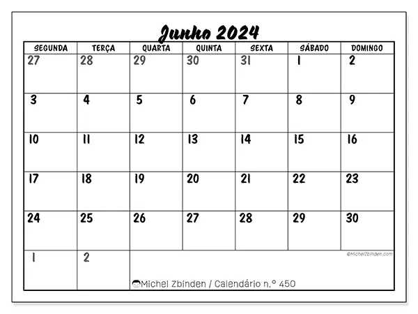Calendário n.° 450 gratuito para imprimir, junho 2025. Semana:  Segunda-feira a domingo