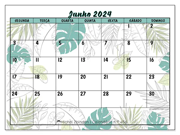 Calendário n.° 456 para junho de 2024, que pode ser impresso gratuitamente. Semana:  Segunda-feira a domingo.