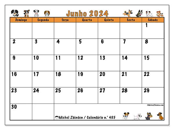 Calendário n.° 485 para junho de 2024, que pode ser impresso gratuitamente. Semana:  De domingo a sábado.