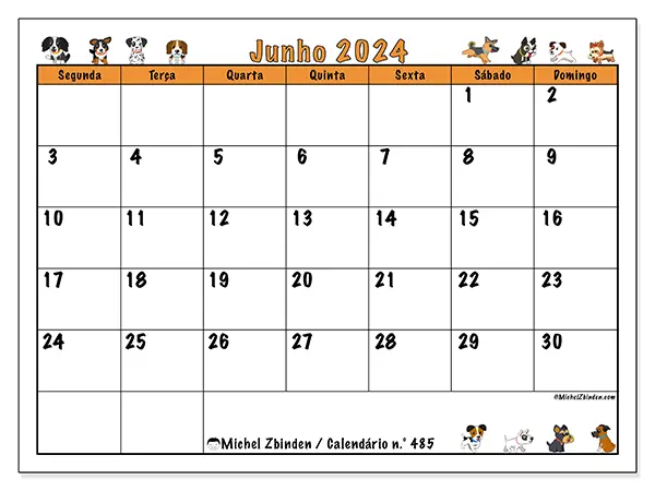 Calendário n.° 485 para junho de 2024, que pode ser impresso gratuitamente. Semana:  Segunda-feira a domingo.