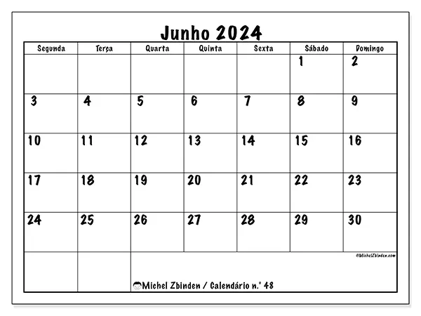 Calendário n.° 48 para junho de 2024, que pode ser impresso gratuitamente. Semana:  Segunda-feira a domingo.