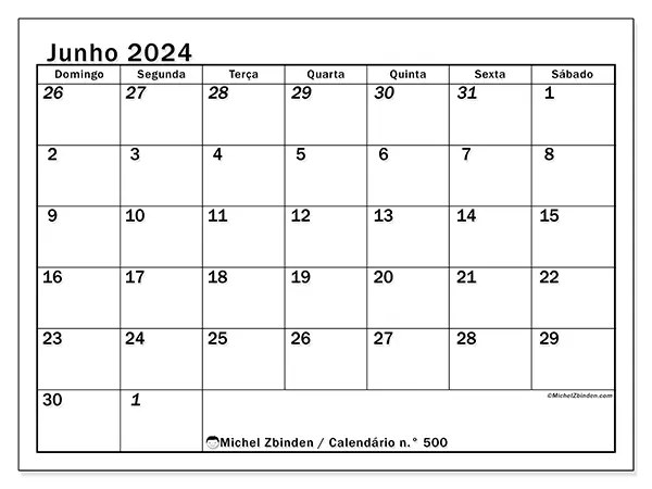 Calendário n.° 500 para junho de 2024, que pode ser impresso gratuitamente. Semana:  De domingo a sábado.