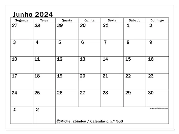 Calendário n.° 500 para junho de 2024, que pode ser impresso gratuitamente. Semana:  Segunda-feira a domingo.