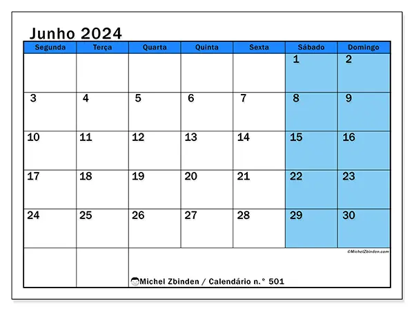 Calendário n.° 501 para junho de 2024, que pode ser impresso gratuitamente. Semana:  Segunda-feira a domingo.