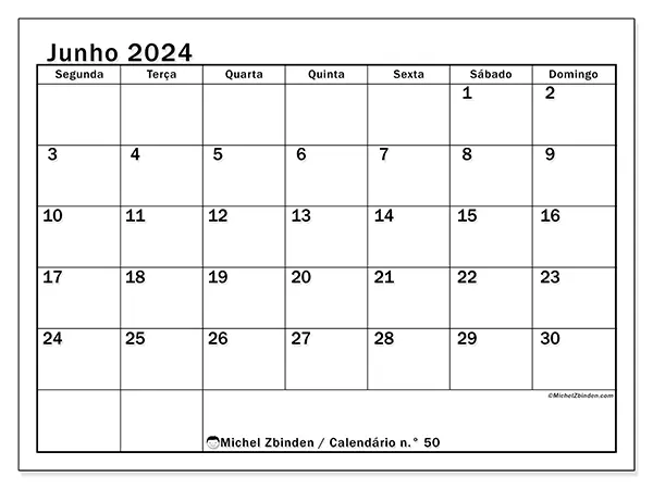 Calendário n.° 50 para junho de 2024, que pode ser impresso gratuitamente. Semana:  Segunda-feira a domingo.