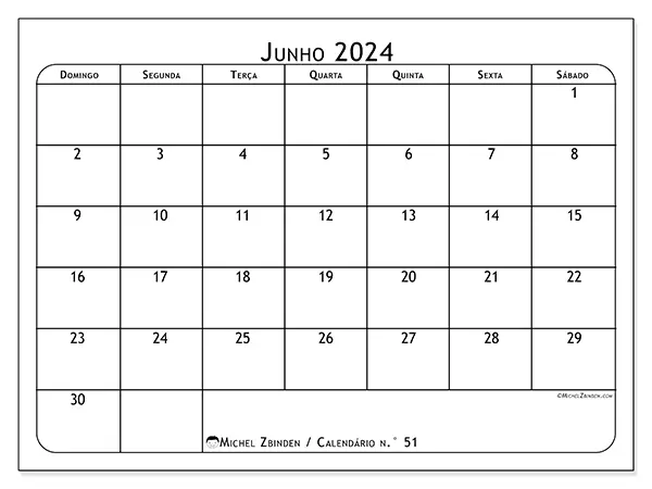 Calendário para imprimir n° 51, junho de 2024