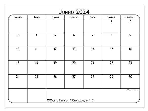 Calendário n.° 51 para junho de 2024, que pode ser impresso gratuitamente. Semana:  Segunda-feira a domingo.
