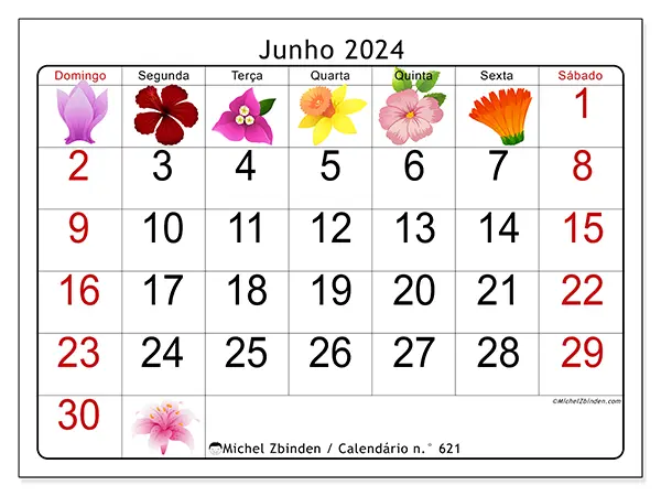 Calendário n.° 621 para junho de 2024, que pode ser impresso gratuitamente. Semana:  De domingo a sábado.