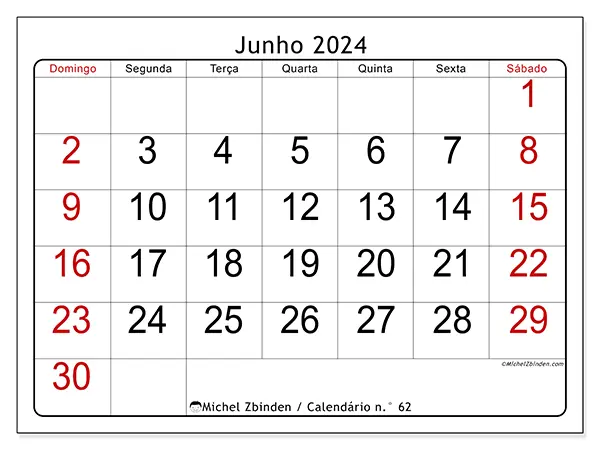 Calendário n.° 62 para junho de 2024, que pode ser impresso gratuitamente. Semana:  De domingo a sábado.