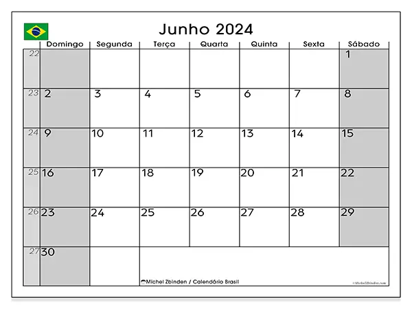 Calendário Brasil para junho de 2024, que pode ser impresso gratuitamente. Semana:  De domingo a sábado.