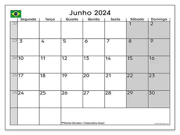 Calendário Brasil para junho de 2024, que pode ser impresso gratuitamente. Semana:  Segunda-feira a domingo.