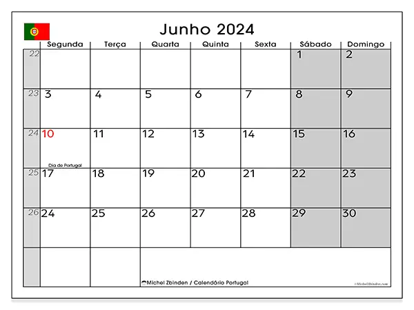 Calendário Portugal para junho de 2024, que pode ser impresso gratuitamente. Semana:  Segunda-feira a domingo.