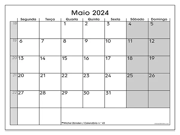 Calendário n.° 43 para maio de 2024, que pode ser impresso gratuitamente. Semana:  Segunda-feira a domingo.