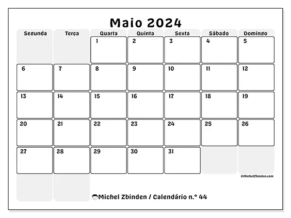 Calendário n.° 44 para maio de 2024, que pode ser impresso gratuitamente. Semana:  Segunda-feira a domingo.