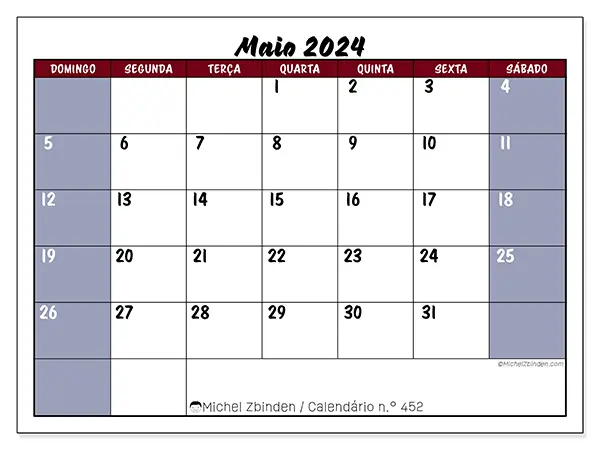 Calendário para imprimir n° 452, maio de 2024