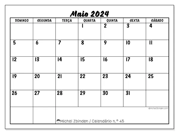 Calendário para imprimir n° 45, maio de 2024