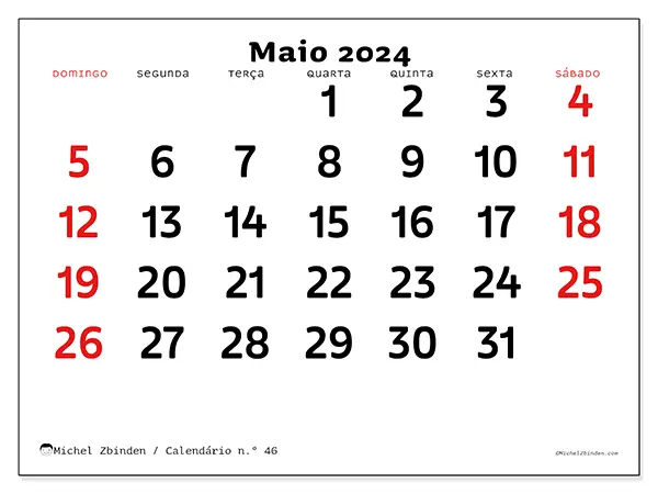 Calendário n.° 46 gratuito para imprimir, maio 2025. Semana:  De domingo a sábado