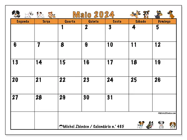 Calendário n.° 485 para maio de 2024, que pode ser impresso gratuitamente. Semana:  Segunda-feira a domingo.