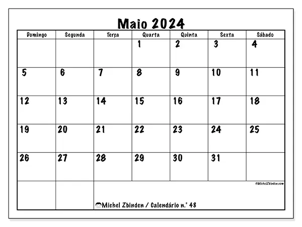 Calendário n.° 48 para maio de 2024, que pode ser impresso gratuitamente. Semana:  De domingo a sábado.