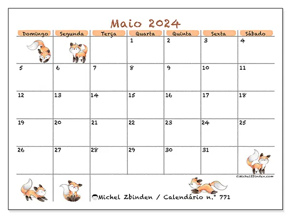 Calendário n.° 771 para maio de 2024, que pode ser impresso gratuitamente. Semana:  De domingo a sábado.