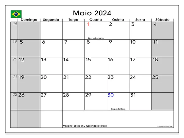 Calendário Brasil para maio de 2024, que pode ser impresso gratuitamente. Semana:  De domingo a sábado.