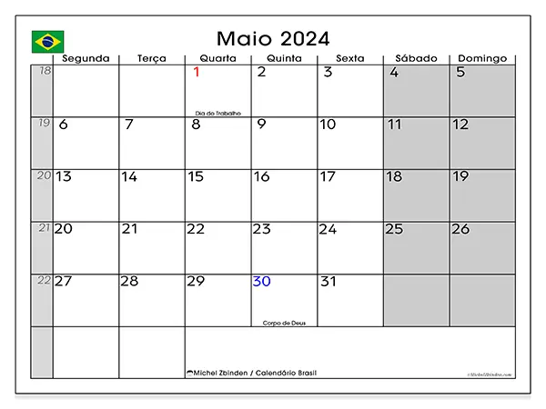 Calendário Brasil para maio de 2024, que pode ser impresso gratuitamente. Semana:  Segunda-feira a domingo.