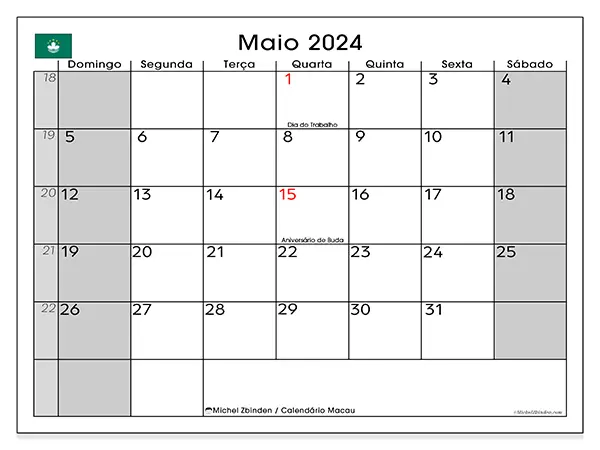 Calendário Macau para maio de 2024, que pode ser impresso gratuitamente. Semana:  De domingo a sábado.