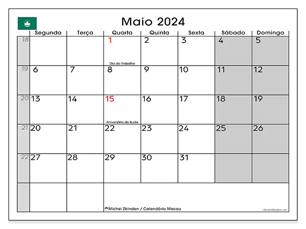 Calendário Macau para maio de 2024, que pode ser impresso gratuitamente. Semana:  Segunda-feira a domingo.