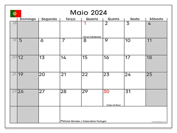 Calendário Portugal para maio de 2024, que pode ser impresso gratuitamente. Semana:  De domingo a sábado.