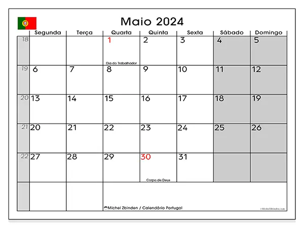 Calendário para imprimir Portugal, maio de 2024