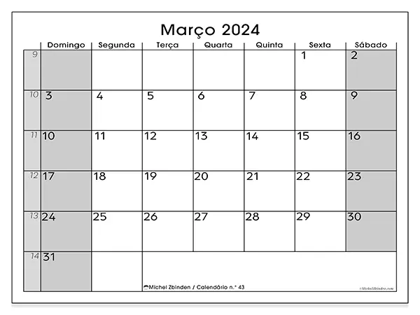 Calendário n.° 43 gratuito para imprimir, março 2025. Semana:  De domingo a sábado