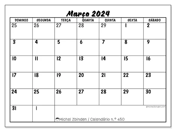Calendário n.° 450 gratuito para imprimir, março 2025. Semana:  De domingo a sábado