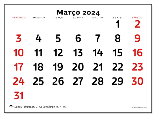Calendário n.° 46 gratuito para imprimir, março 2025. Semana:  De domingo a sábado