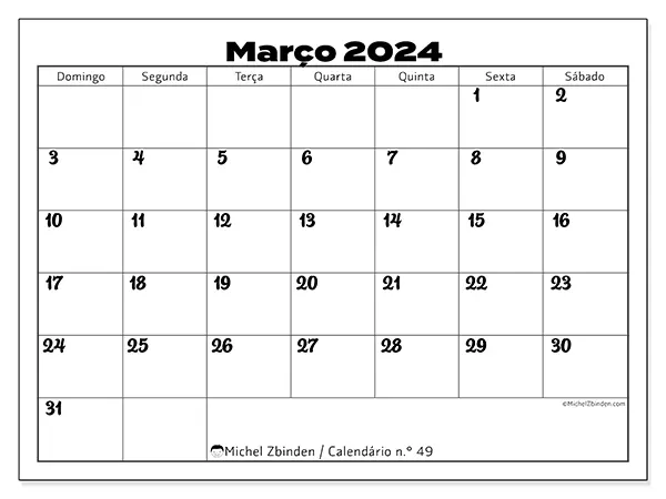 Calendário n.° 49 gratuito para imprimir, março 2025. Semana:  De domingo a sábado