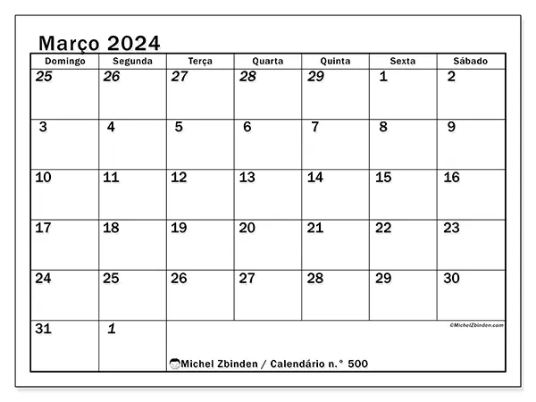 Calendário n.° 500 gratuito para imprimir, março 2025. Semana:  De domingo a sábado