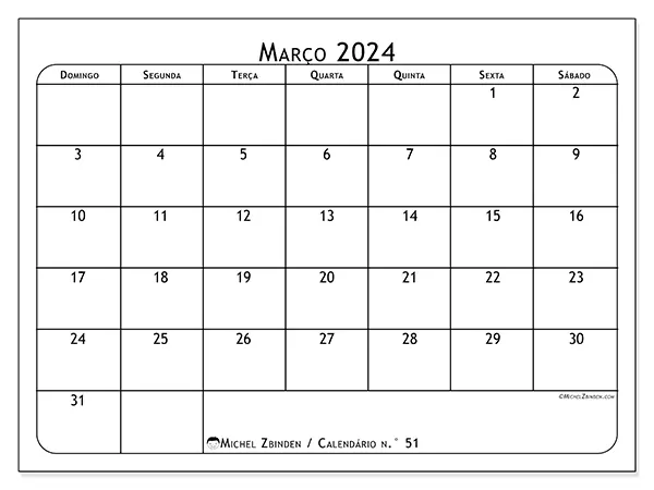 Calendário n.° 51 gratuito para imprimir, março 2025. Semana:  De domingo a sábado