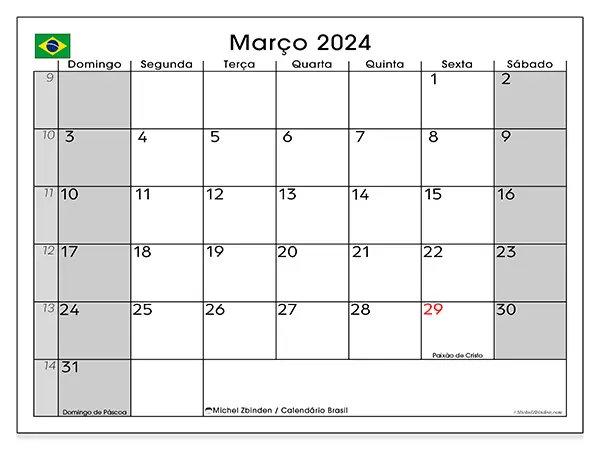 Calendário Brasil gratuito para imprimir, março 2025. Semana:  De domingo a sábado