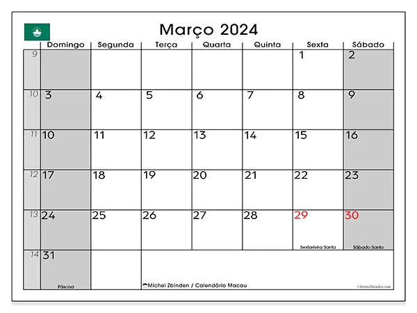 Calendário Macau gratuito para imprimir, março 2025. Semana:  De domingo a sábado