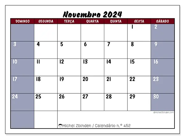 Calendário n.° 452 para novembro de 2024, que pode ser impresso gratuitamente. Semana:  De domingo a sábado.