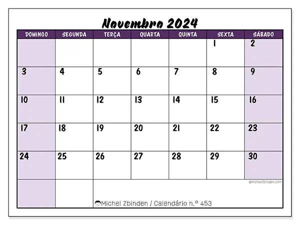 Calendário n.° 453 gratuito para imprimir, novembro 2025. Semana:  De domingo a sábado