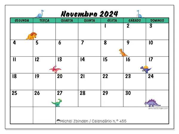Calendário n.° 455 para novembro de 2024, que pode ser impresso gratuitamente. Semana:  Segunda-feira a domingo.