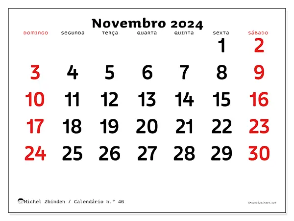 Calendário n.° 46 gratuito para imprimir, novembro 2025. Semana:  De domingo a sábado