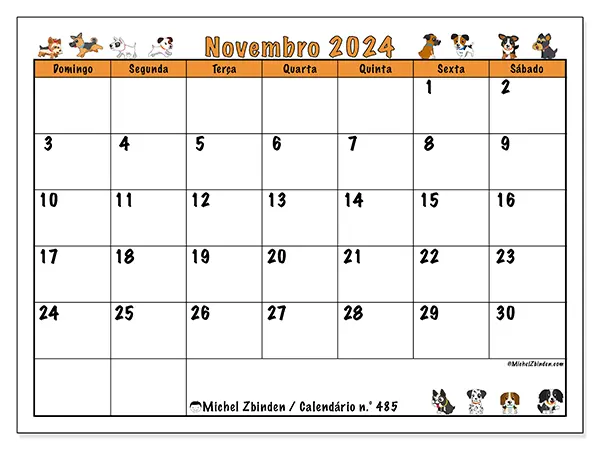 Calendário n.° 485 para novembro de 2024, que pode ser impresso gratuitamente. Semana:  De domingo a sábado.